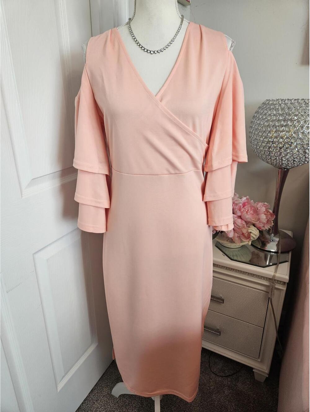 Metamorphosis Pink Wrap Dress with Flounce Sleeves